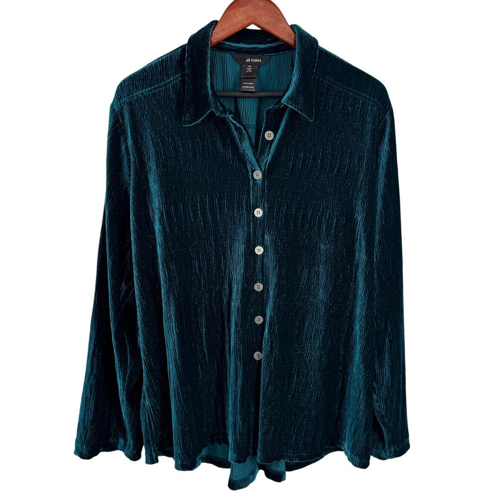 Ali Miles Plus Size 1X Green Velvet Wearable Art Blouse Shirt Top Christmas
